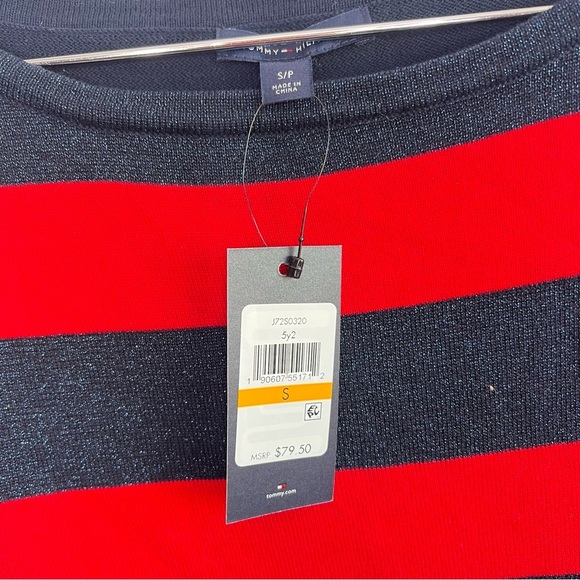 Tommy Hilfiger Womens Sweater Red Blue Striped Sparkle Knit Pullover Size S - Picture 6 of 8